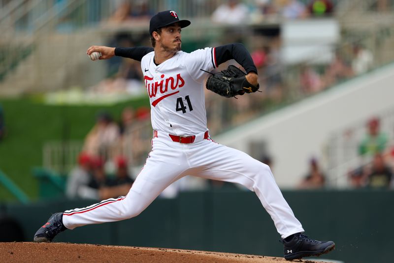 Mar 6, 2024; Fort Myers, Florida, USA;  Minnesota Twins starting pitcher Joe Ryan (41) throws a pitch against the Boston Red Sox in the first inning at Hammond Stadium. Mandatory Credit: Nathan Ray Seebeck-USA TODAY Sports