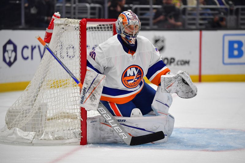 Mar 11, 2024; Los Angeles, California, USA; New York Islanders goaltender Ilya Sorokin (30) defends the goal against the Los Angeles Kings during the second period at Crypto.com Arena. Mandatory Credit: Gary A. Vasquez-USA TODAY Sports