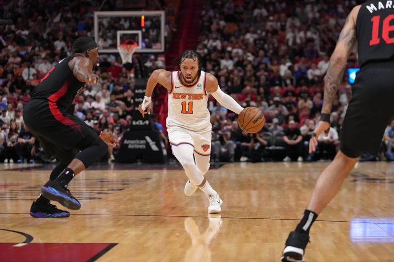 MIAMI, FL - APRIL 2: Jalen Brunson #11 of the New York Knicks drives to the basket during the game against the Miami Heat  on April 2, 2024 at Kaseya Center in Miami, Florida. NOTE TO USER: User expressly acknowledges and agrees that, by downloading and or using this Photograph, user is consenting to the terms and conditions of the Getty Images License Agreement. Mandatory Copyright Notice: Copyright 2024 NBAE (Photo by Eric Espada/NBAE via Getty Images)