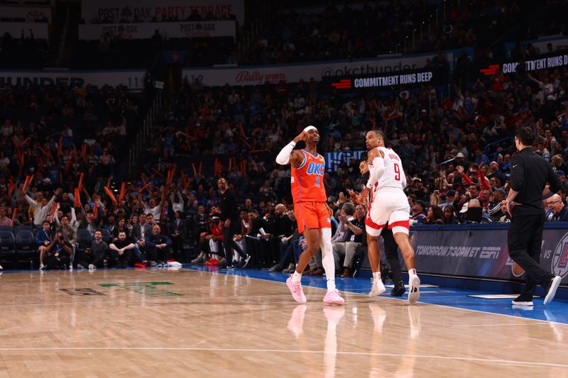 OKLAHOMA CITY, OK - FEBRUARY 27: Shai Gilgeous-Alexander #2 of the Oklahoma City Thunder celebrates during the game against the Houston Rockets on February, 2024 at Paycom Arena in Oklahoma City, Oklahoma. NOTE TO USER: User expressly acknowledges and agrees that, by downloading and or using this photograph, User is consenting to the terms and conditions of the Getty Images License Agreement. Mandatory Copyright Notice: Copyright 2024 NBAE (Photo by Zach Beeker/NBAE via Getty Images)