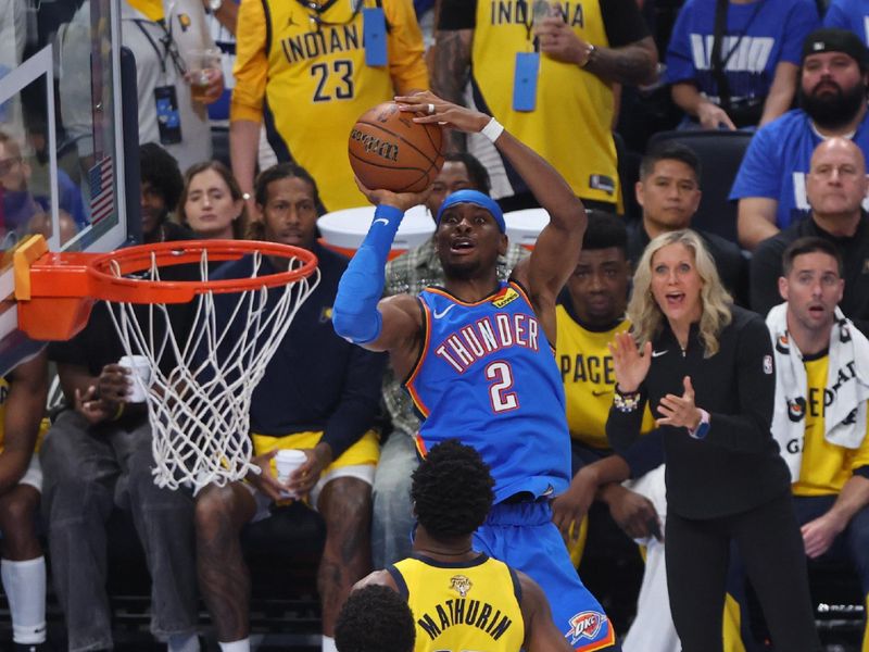 OKLAHOMA CITY, OK - JUNE 8:  Shai Gilgeous-Alexander #2 of the Oklahoma City Thunder shoots the ball during the game against the Indiana Pacers during Game 2 of the 2025 NBA Finals on June 8, 2025 at Paycom Center in Oklahoma City, Oklahoma. NOTE TO USER: User expressly acknowledges and agrees that, by downloading and or using this photograph, User is consenting to the terms and conditions of the Getty Images License Agreement. Mandatory Copyright Notice: Copyright 2025 NBAE (Photo by Joe Murphy/NBAE via Getty Images)