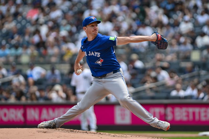 Sep 6, 2025; Bronx, New York, USA; Toronto Blue Jays pitcher Chris Bassitt (40) pitches against the New York Yankees during the first inning at Yankee Stadium. Mandatory Credit: John Jones-Imagn Images