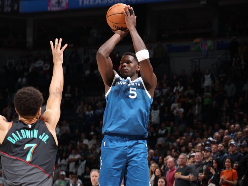 MINNEAPOLIS, MN -  APRIL 9:  Anthony Edwards #5 of the Minnesota Timberwolves shoots the ball during the game against the Washington Wizards on April 9, 2024 at Target Center in Minneapolis, Minnesota. NOTE TO USER: User expressly acknowledges and agrees that, by downloading and or using this Photograph, user is consenting to the terms and conditions of the Getty Images License Agreement. Mandatory Copyright Notice: Copyright 2024 NBAE (Photo by David Sherman/NBAE via Getty Images)