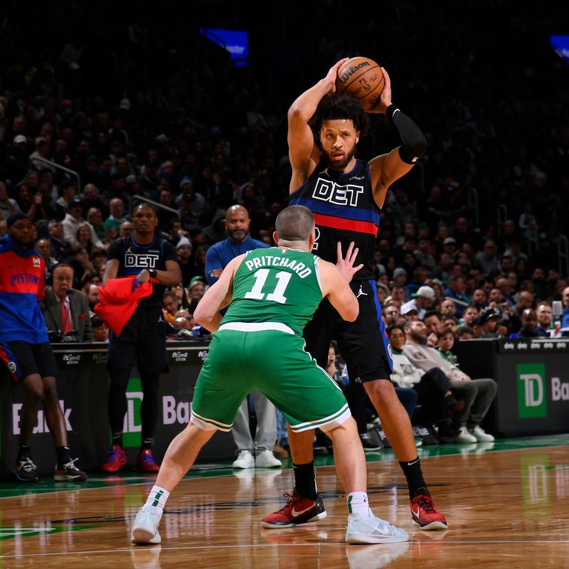 BOSTON, MA - DECEMBER 12:  Cade Cunningham #2 of the Detroit Pistons handles the ball during the game against the Boston Celtics on December 12, 2024 at TD Garden in Boston, Massachusetts. NOTE TO USER: User expressly acknowledges and agrees that, by downloading and/or using this Photograph, user is consenting to the terms and conditions of the Getty Images License Agreement. Mandatory Copyright Notice: Copyright 2024 NBAE (Photo by Brian Babineau/NBAE via Getty Images)