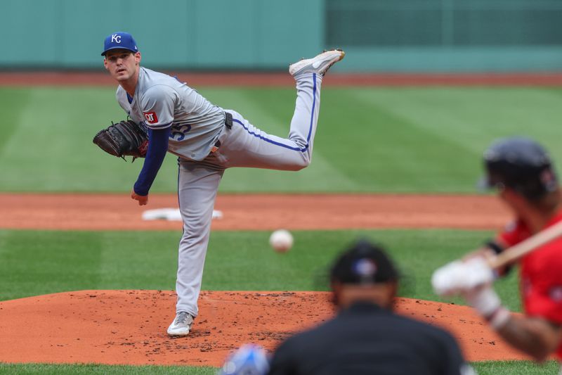 Jul 12, 2024; Boston, Massachusetts, USA; Kansas City Royals starting pitcher Cole Ragans (55) throws a pitch during the first inning against the Boston Red Sox at Fenway Park. Mandatory Credit: Paul Rutherford-USA TODAY Sports