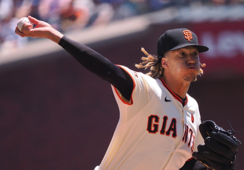 Jun 30, 2024; San Francisco, California, USA; San Francisco Giants starting pitcher Spencer Bivens (76) pitches the ball against the Los Angeles Dodgers during the first inning at Oracle Park. Mandatory Credit: Kelley L Cox-USA TODAY Sports