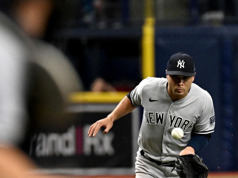 Aug 26, 2023; St. Petersburg, Florida, USA; New York Yankees third baseman Isiah Kiner-Falefa (12) fields a ground ball against the Tampa Bay Rays in the fourth inning at Tropicana Field. Mandatory Credit: Jonathan Dyer-USA TODAY Sports