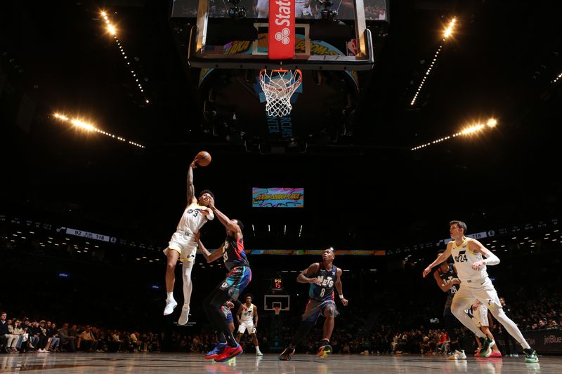 BROOKLYN, NY - JANUARY 29: Keyonte George #3 of the Utah Jazz drives to the basket during the game against the Brooklyn Nets on January 29, 2024 at Barclays Center in Brooklyn, New York. NOTE TO USER: User expressly acknowledges and agrees that, by downloading and or using this Photograph, user is consenting to the terms and conditions of the Getty Images License Agreement. Mandatory Copyright Notice: Copyright 2024 NBAE (Photo by Nathaniel S. Butler/NBAE via Getty Images)