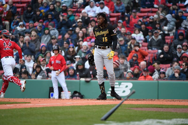 Apr 5, 2023; Boston, Massachusetts, USA; Pittsburgh Pirates shortstop Oneil Cruz (15) throws his bat after striking out in the fifth inning against the Boston Red Sox at Fenway Park. Mandatory Credit: Eric Canha-USA TODAY Sports