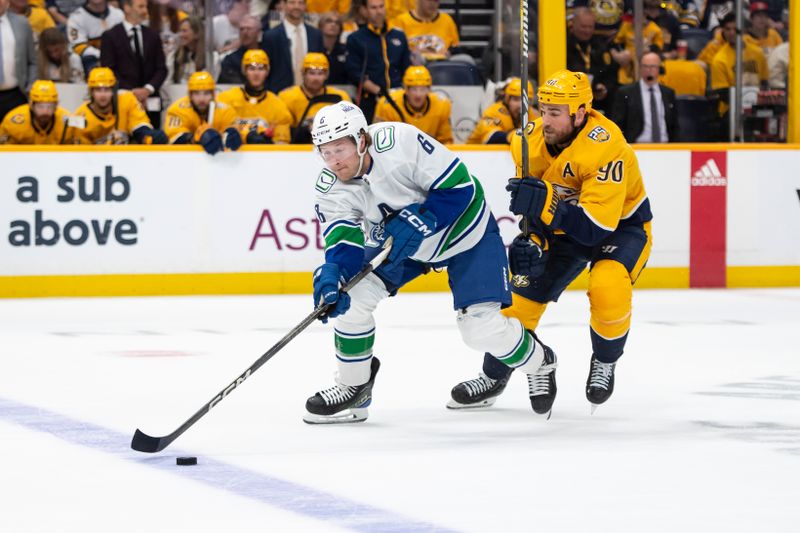 Apr 28, 2024; Nashville, Tennessee, USA; Vancouver Canucks right wing Brock Boeser (6) skates against the Nashville Predators during the first period in game four of the first round of the 2024 Stanley Cup Playoffs at Bridgestone Arena. Mandatory Credit: Steve Roberts-USA TODAY Sports