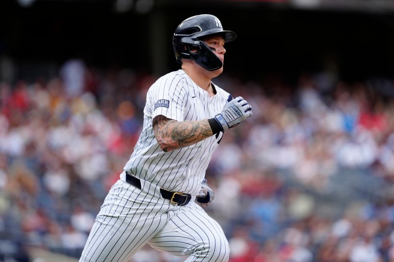 Aug 31, 2024; Bronx, New York, USA; New York Yankees left fielder Alex Verdugo (24) runs out a double against the St. Louis Cardinals during the fifth inning at Yankee Stadium. Mandatory Credit: Gregory Fisher-USA TODAY Sports