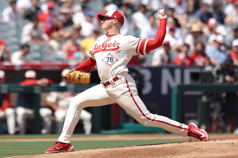 Sep 10, 2023; Anaheim, California, USA; Los Angeles Angels relief pitcher Kenny Rosenberg (78) throws to a Cleveland Guardians batter during the first inning of a baseball game at Angel Stadium. Mandatory Credit: Jessica Alcheh-USA TODAY Sports