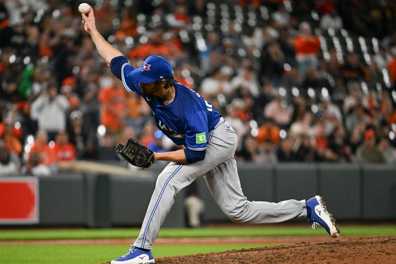 May 13, 2024; Baltimore, Maryland, USA;  Toronto Blue Jays pitcher Jordan Romano (68) throws a ninth inning pitch against the Baltimore Orioles at Oriole Park at Camden Yards. Mandatory Credit: Tommy Gilligan-USA TODAY Sports