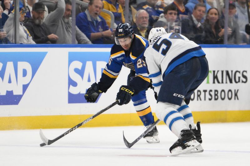 Apr 27, 2025; St. Louis, Missouri, USA; St. Louis Blues right wing Jordan Kyrou (25) skates against Winnipeg Jets defenseman Dylan Samberg (54) during the second period in game four of the first round of the 2025 Stanley Cup Playoffs at Enterprise Center. Mandatory Credit: Jeff Le-Imagn Images
