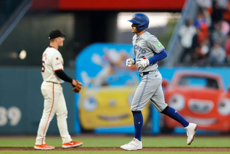 Jul 10, 2024; San Francisco, California, USA; Toronto Blue Jays third base Ernie Clement (28) runs the bases after hitting a three-run home run during the fifth inning against the San Francisco Giants at Oracle Park. Mandatory Credit: Sergio Estrada-USA TODAY Sports