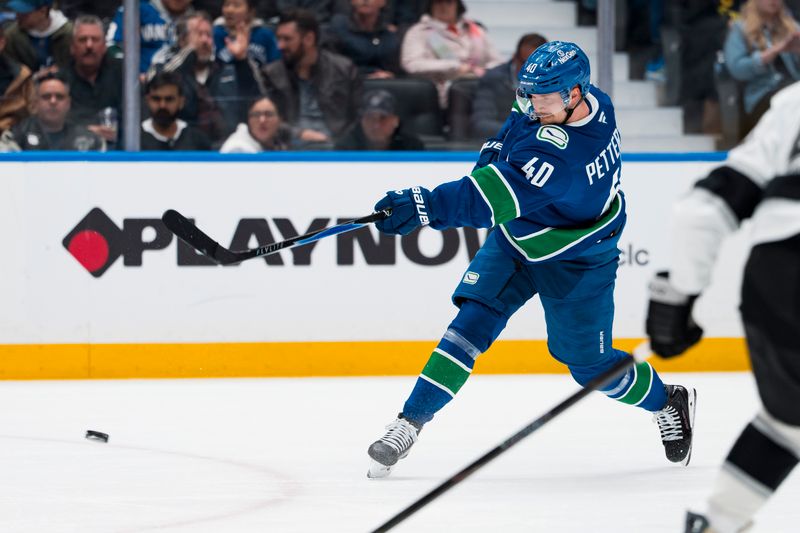 Mar 26, 2026; Vancouver, British Columbia, CAN; Vancouver Canucks forward Elias Pettersson (40) shoots against the Los Angeles Kings in the second period at Rogers Arena. Mandatory Credit: Bob Frid-Imagn Images
