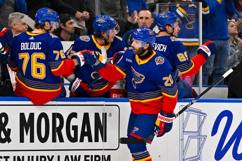 Mar 13, 2024; St. Louis, Missouri, USA;  St. Louis Blues left wing Brandon Saad (20) is congratulated by teammates after scoring against the Los Angeles Kings during the third period at Enterprise Center. Mandatory Credit: Jeff Curry-USA TODAY Sports