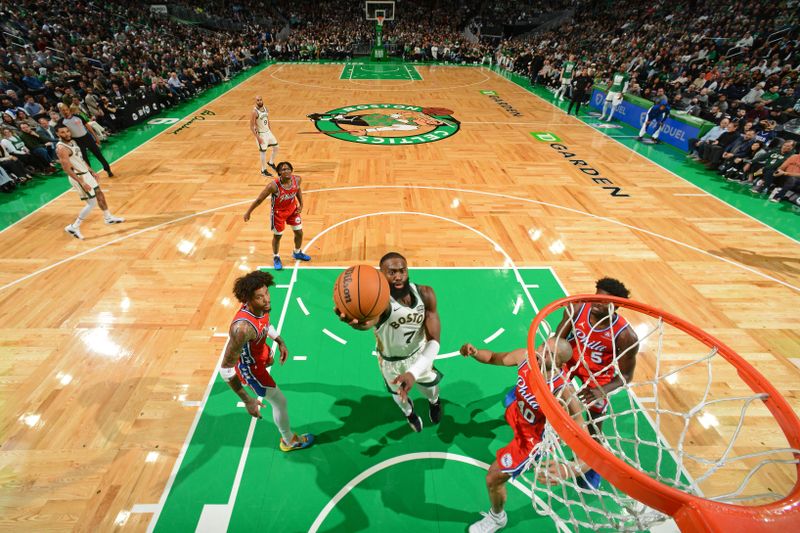 BOSTON, MA - FEBRUARY 27: Jaylen Brown #7 of the Boston Celtics drives to the basket during the game against the Philadelphia 76ers on February 27, 2024 at the TD Garden in Boston, Massachusetts. NOTE TO USER: User expressly acknowledges and agrees that, by downloading and or using this photograph, User is consenting to the terms and conditions of the Getty Images License Agreement. Mandatory Copyright Notice: Copyright 2024 NBAE  (Photo by Brian Babineau/NBAE via Getty Images)