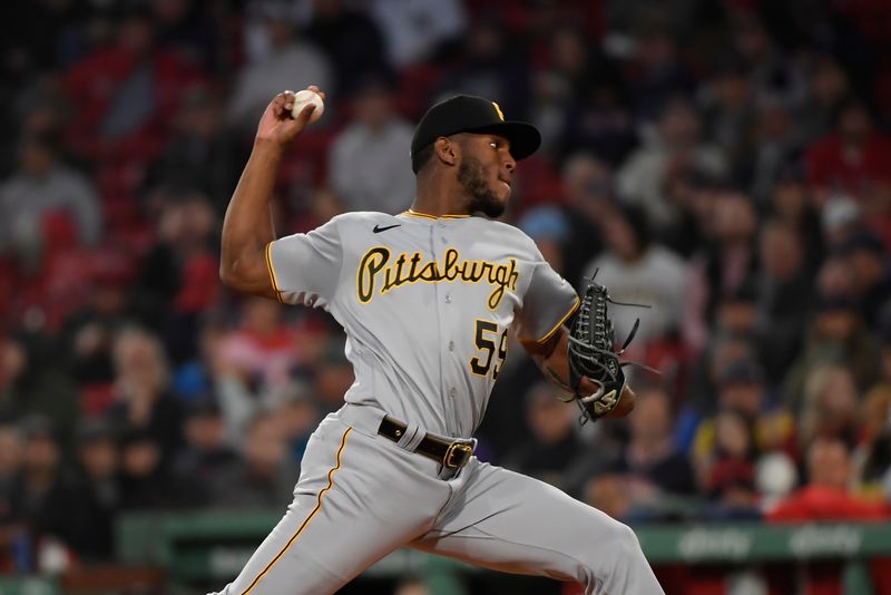 Apr 4, 2023; Boston, Massachusetts, USA;  Pittsburgh Pirates starting pitcher Roansy Contreras (59) pitches during the first inning against the Boston Red Sox at Fenway Park. Mandatory Credit: Bob DeChiara-USA TODAY Sports