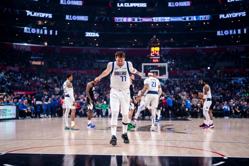 LOS ANGELES, CA - APRIL 23: Luka Doncic #77 of the Dallas Mavericks before the game against the LA Clippers during Round 1 Game 2 of the 2024 NBA Playoffs on April 23, 2024 at Crypto.Com Arena in Los Angeles, California. NOTE TO USER: User expressly acknowledges and agrees that, by downloading and/or using this Photograph, user is consenting to the terms and conditions of the Getty Images License Agreement. Mandatory Copyright Notice: Copyright 2024 NBAE (Photo by Tyler Ross/NBAE via Getty Images)