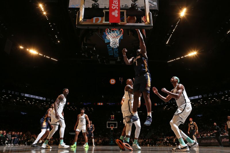 BROOKLYN, NY - MARCH 19: Zion Williamson #1 of the New Orleans Pelicans drives to the basket during the game against the Brooklyn Nets on March 19, 2024 at Barclays Center in Brooklyn, New York. NOTE TO USER: User expressly acknowledges and agrees that, by downloading and or using this Photograph, user is consenting to the terms and conditions of the Getty Images License Agreement. Mandatory Copyright Notice: Copyright 2024 NBAE (Photo by Nathaniel S. Butler/NBAE via Getty Images)