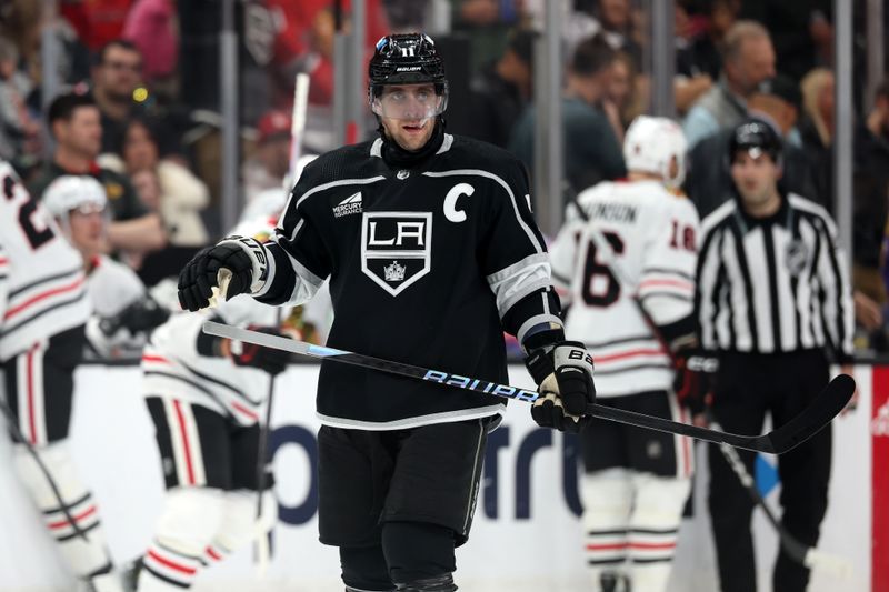 Mar 19, 2024; Los Angeles, California, USA;  Los Angeles Kings center Anze Kopitar (11) reacts after scoring a goal during the second period against the Chicago Blackhawks at Crypto.com Arena. Mandatory Credit: Kiyoshi Mio-USA TODAY Sports