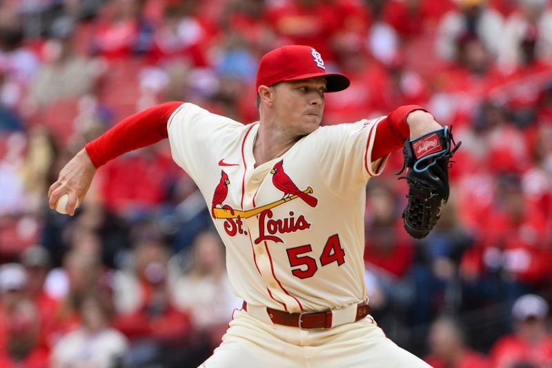 Apr 26, 2025; St. Louis, Missouri, USA;  St. Louis Cardinals starting pitcher Sonny Gray (54) pitches against the Milwaukee Brewers during the first inning at Busch Stadium. Mandatory Credit: Jeff Curry-Imagn Images