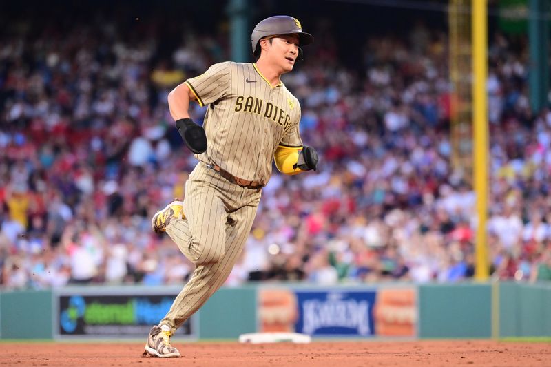 Jun 28, 2024; Boston, Massachusetts, USA; San Diego Padres shortstop Ha-Seong Kim (7) scores on a home run by catcher Kyle Higashioka (20) (not pictured) during the fifth inning against the Boston Red Sox at Fenway Park. Mandatory Credit: Eric Canha-USA TODAY Sports