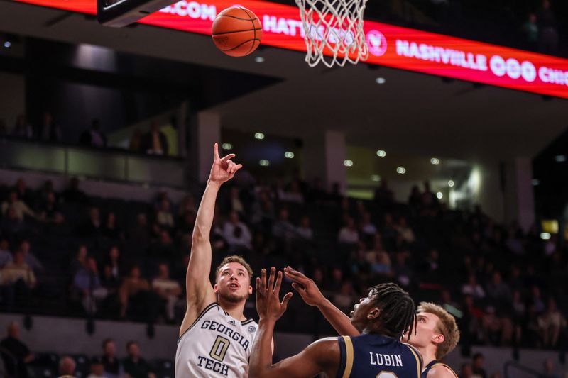 Feb 8, 2023; Atlanta, Georgia, USA; Georgia Tech Yellow Jackets guard Lance Terry (0) shoots past Notre Dame Fighting Irish forward Ven-Allen Lubin (2) in the second half at McCamish Pavilion. Mandatory Credit: Brett Davis-USA TODAY Sports