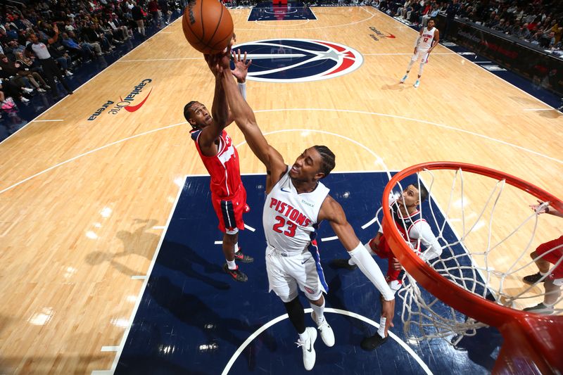 WASHINGTON, DC -? NOVEMBER 17: Jaden Ivey #23 of the Detroit Pistons rebounds the ball during the game against the Washington Wizards on November 17, 2024 at Capital One Arena in Washington, DC. NOTE TO USER: User expressly acknowledges and agrees that, by downloading and or using this Photograph, user is consenting to the terms and conditions of the Getty Images License Agreement. Mandatory Copyright Notice: Copyright 2024 NBAE (Photo by Stephen Gosling/NBAE via Getty Images)