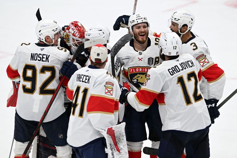 Jun 6, 2025; Edmonton, Alberta, CAN; The Florida Panthers react after defeatingd he Edmonton Oilers in double overtime for game two of the 2025 Stanley Cup Final at Rogers Place. Mandatory Credit: Walter Tychnowicz-Imagn Images