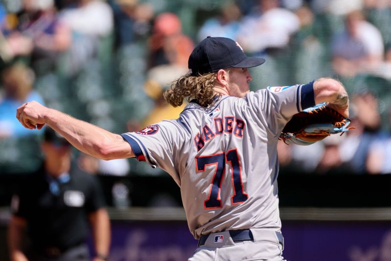 May 26, 2024; Oakland, California, USA; Houston Astros pitcher Josh Hader (71) throws a pitch against the Oakland Athletics during the ninth inning at Oakland-Alameda County Coliseum. Mandatory Credit: Robert Edwards-USA TODAY Sports