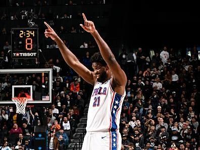 BROOKLYN, NY - NOVEMBER 19: Joel Embiid #21 of the Philadelphia 76ers celebrates during the game against the Brooklyn Nets on November 19, 2023 at Barclays Center in Brooklyn, New York. NOTE TO USER: User expressly acknowledges and agrees that, by downloading and or using this Photograph, user is consenting to the terms and conditions of the Getty Images License Agreement. Mandatory Copyright Notice: Copyright 2023 NBAE (Photo by David Dow/NBAE via Getty Images)