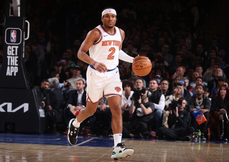 NEW YORK, NY - FEBRUARY 8: Miles McBride #2 of the New York Knicks dribbles the ball during the game against the Dallas Mavericks on February 8, 2024 at Madison Square Garden in New York City, New York.  NOTE TO USER: User expressly acknowledges and agrees that, by downloading and or using this photograph, User is consenting to the terms and conditions of the Getty Images License Agreement. Mandatory Copyright Notice: Copyright 2024 NBAE  (Photo by Nathaniel S. Butler/NBAE via Getty Images)