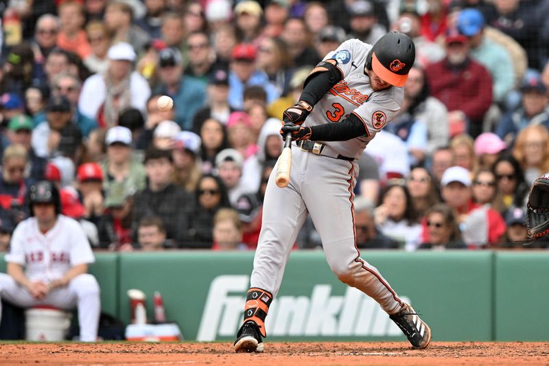 May 25, 2025; Boston, Massachusetts, USA; Baltimore Orioles right fielder Ryan O'Hearn (32) hits a solo home run against the Boston Red Sox during the sixth inning at Fenway Park. Mandatory Credit: Brian Fluharty-Imagn Images