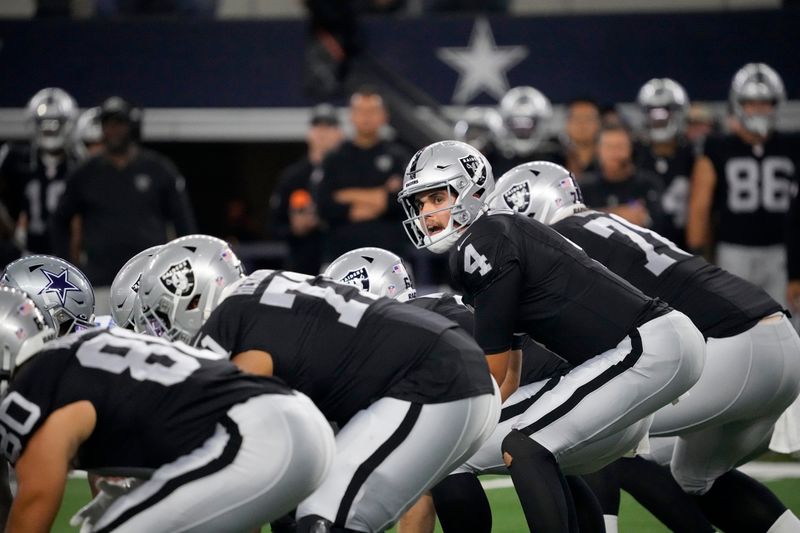 Las Vegas Raiders quarterback Aidan O'Connell (4) signals at the line of scrimmage during the first half of a preseason NFL football game against the Dallas Cowboys in Arlington, Texas, Saturday, Aug. 26, 2023. (AP Photo/Sam Hodde)