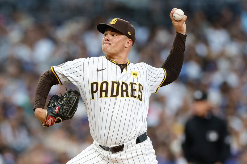 Jul 31, 2024; San Diego, California, USA; San Diego Padres relief pitcher Adrian Morejon (50) pitches during the sixth inning against the San Diego Padres  at Petco Park. Mandatory Credit: David Frerker-USA TODAY Sports