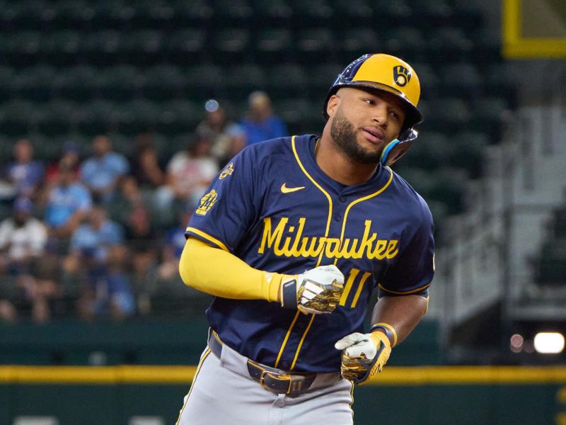 Sep 10, 2025; Arlington, Texas, USA; Milwaukee Brewers left fielder Jackson Chourio (11) rounds the bases after hitting a solo home run against the Texas Rangers during the first inning at Globe Life Field. Mandatory Credit: Jim Cowsert-Imagn Images