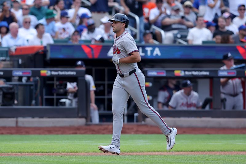 Jul 27, 2024; New York City, New York, USA; Atlanta Braves first baseman Matt Olson (28) rounds the bases after hitting a solo home run against the New York Mets during the fourth inning at Citi Field. Mandatory Credit: Brad Penner-USA TODAY Sports