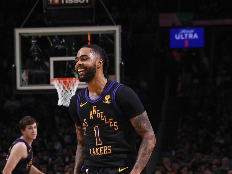 BOSTON, MA - FEBRUARY 1:  D'Angelo Russell #1 of the Los Angeles Lakers smiles during the game against the Boston Celtics on February 1, 2024 at the TD Garden in Boston, Massachusetts. NOTE TO USER: User expressly acknowledges and agrees that, by downloading and or using this photograph, User is consenting to the terms and conditions of the Getty Images License Agreement. Mandatory Copyright Notice: Copyright 2024 NBAE  (Photo by Brian Babineau/NBAE via Getty Images) 