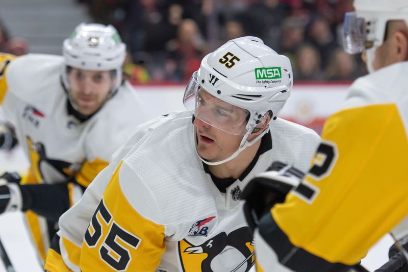 Dec 23, 2023; Ottawa, Ontario, CAN; Pittsburgh Penguins center Noel Acciari (55) follows the puck after a faceoff in the first period against the Ottawa Senators at the Canadian Tire Centre. Mandatory Credit: Marc DesRosiers-USA TODAY Sports