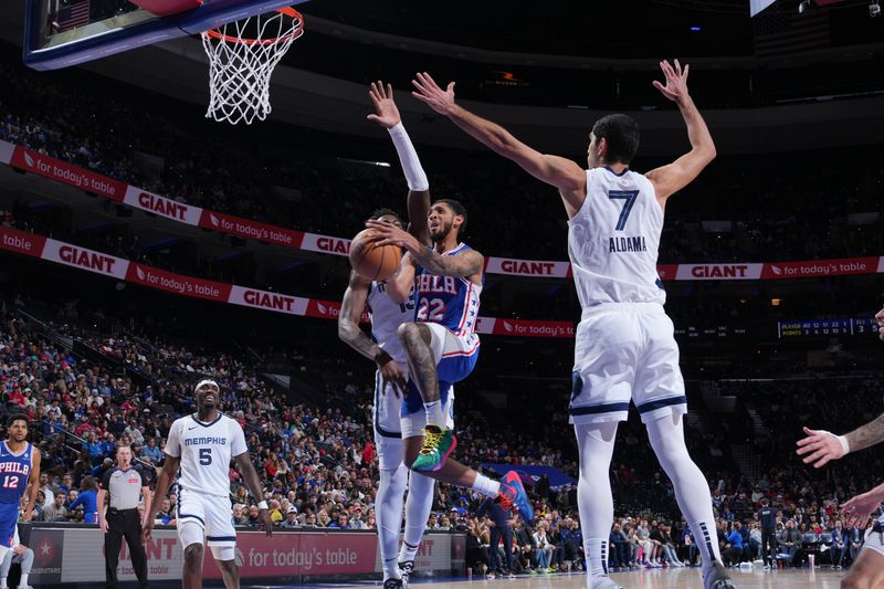 PHILADELPHIA, PA - MARCH 6: Cameron Payne #22 of the Philadelphia 76ers drives to the basket during the game against the Memphis Grizzlies on March 6, 2024 at the Wells Fargo Center in Philadelphia, Pennsylvania NOTE TO USER: User expressly acknowledges and agrees that, by downloading and/or using this Photograph, user is consenting to the terms and conditions of the Getty Images License Agreement. Mandatory Copyright Notice: Copyright 2024 NBAE (Photo by Jesse D. Garrabrant/NBAE via Getty Images)