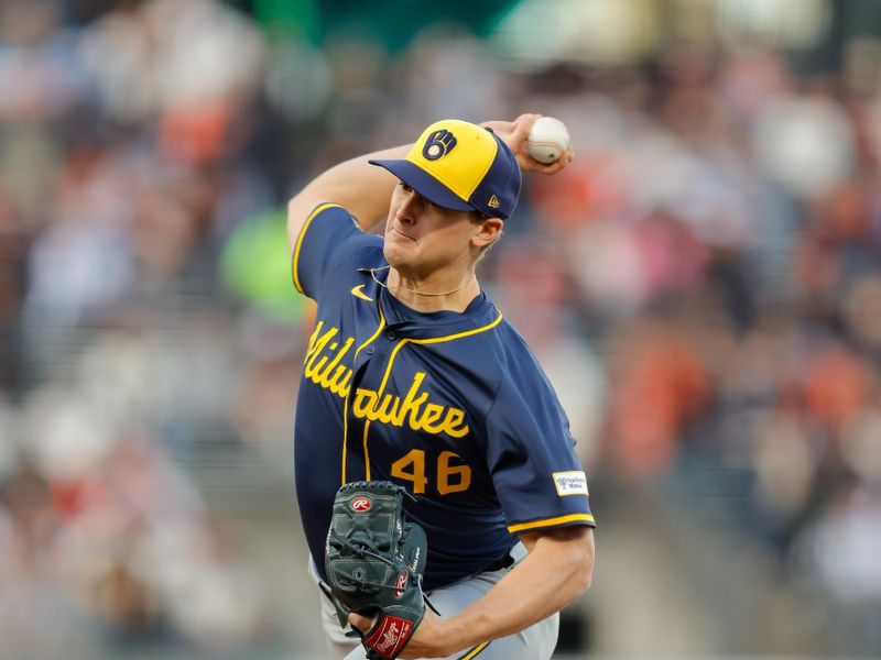 Apr 21, 2025; San Francisco, California, USA; Milwaukee Brewers starting pitcher Quinn Priester (46) throws a pitch during the first inning against the San Francisco Giants at Oracle Park. Mandatory Credit: Sergio Estrada-Imagn Images