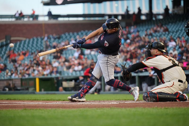 Sep 11, 2023; San Francisco, California, USA; Cleveland Guardians infielder Josh Naylor (22) hits a double against the San Francisco Giants during the first inning at Oracle Park. Mandatory Credit: Robert Edwards-USA TODAY Sports