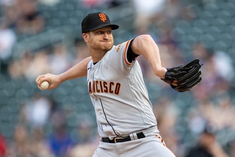 May 23, 2023; Minneapolis, Minnesota, USA; San Francisco Giants starting pitcher Alex Cobb (38) delivers a pitch in the first inning against the Minnesota Twins at Target Field. Mandatory Credit: Jesse Johnson-USA TODAY Sports