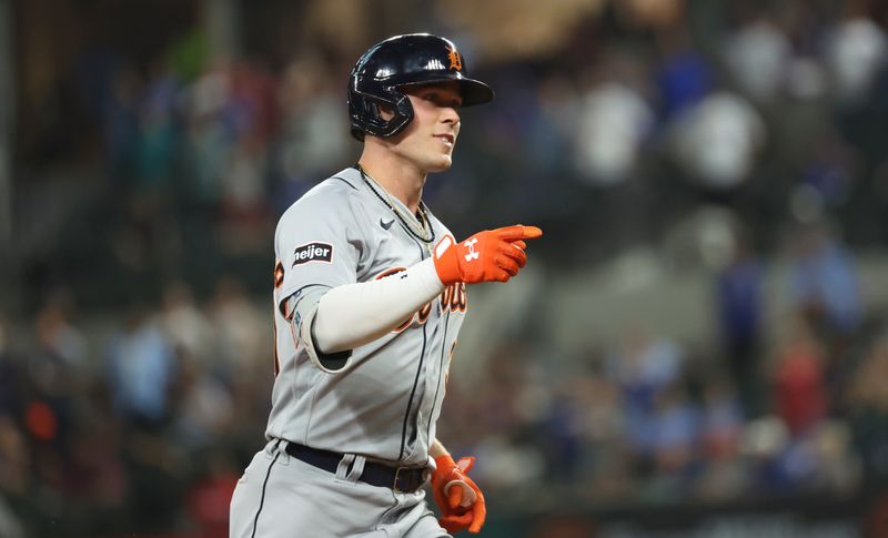 Jun 28, 2023; Arlington, Texas, USA;  Detroit Tigers right fielder Kerry Carpenter (30) reacts after hitting a two-run home run during the ninth inning against the Texas Rangers at Globe Life Field. Mandatory Credit: Kevin Jairaj-USA TODAY Sports