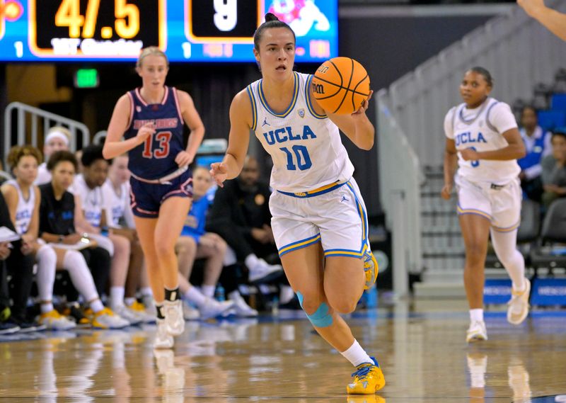 Dec 20, 2022; Los Angeles, California, USA;  UCLA Bruins guard Gina Conti (10) takes the ball down court in the first half against the Fresno State Bulldogs at Pauley Pavilion presented by Wescom. Mandatory Credit: Jayne Kamin-Oncea-USA TODAY Sports