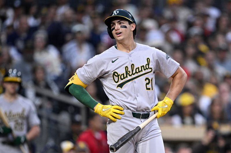 Jun 11, 2024; San Diego, California, USA; Oakland Athletics first baseman Tyler Soderstrom (21) reacts after striking out to end the top of the third inning against the San Diego Padres at Petco Park. Mandatory Credit: Orlando Ramirez-USA TODAY Sports