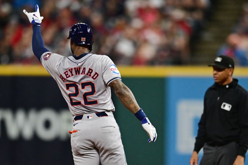 Sep 28, 2024; Cleveland, Ohio, USA; Houston Astros left fielder Jason Hayward (22) celebrates after hitting a double during the fifth inning against the Cleveland Guardians at Progressive Field. Mandatory Credit: Ken Blaze-Imagn Images