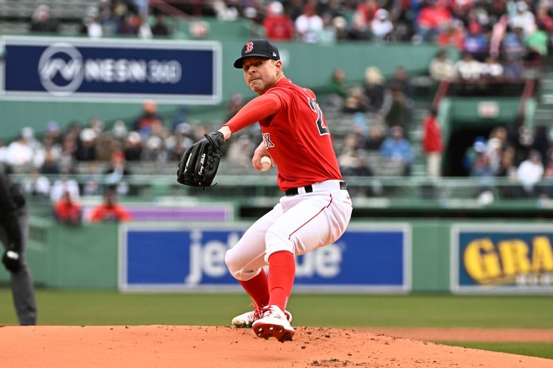 Apr 5, 2023; Boston, Massachusetts, USA; Boston Red Sox starting pitcher Corey Kluber (28) pitches against the Pittsburgh Pirates during the first inning at Fenway Park. Mandatory Credit: Eric Canha-USA TODAY Sports